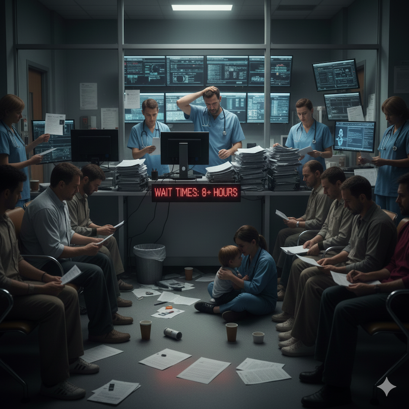 The image depicts a sterile, high-pressure medical environment where a male doctor sits behind a cluttered desk, leaning forward with his head in his hands, displaying clear signs of frustration and exhaustion. He is surrounded by stacks of paperwork and computer screens displaying complex data (representing the administrative burden).
Across the desk, a male patient is shown sitting, looking distressed and perhaps dejected, with an expression that conveys a feeling of being unheard, misunderstood, or rushed. The lighting might be cold or harsh, emphasizing the sterile, impersonal nature of the interaction.
The overall scene captures the central theme of the blog: the systemic failure where a doctor, despite their best intentions, is overwhelmed by the system's demands, leading to a breakdown in communication and a feeling of neglect for the patient.