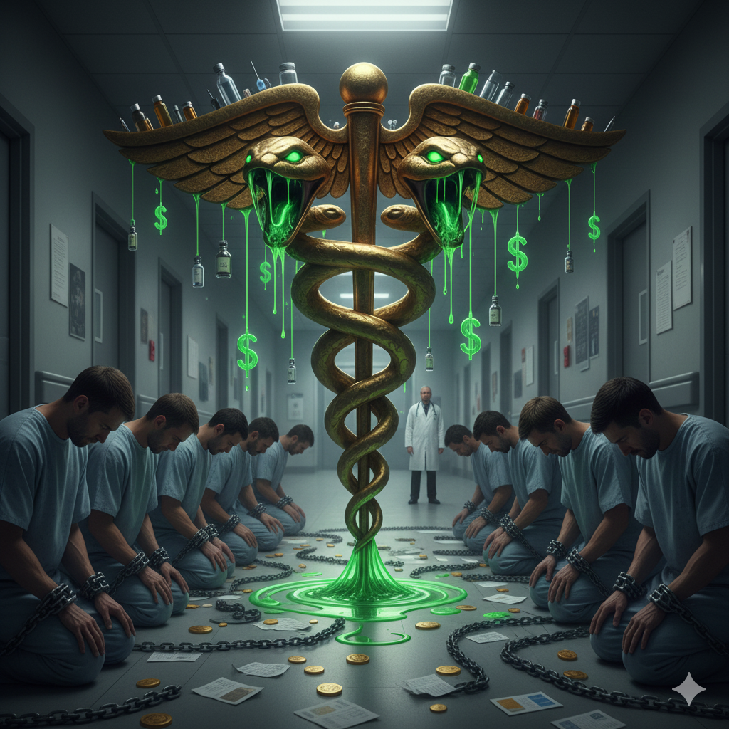In the halls of what should be healing, patients find themselves chained by a system driven by profit, not well-being. The symbol of healthcare, now corrupted by greed and pills, looms over them, dripping money instead of care. It's a stark visual of dependency—a system designed to manage symptoms and maximize revenue, leaving individuals trapped and unheard. This is the truth about healthcare, and it's time to break free