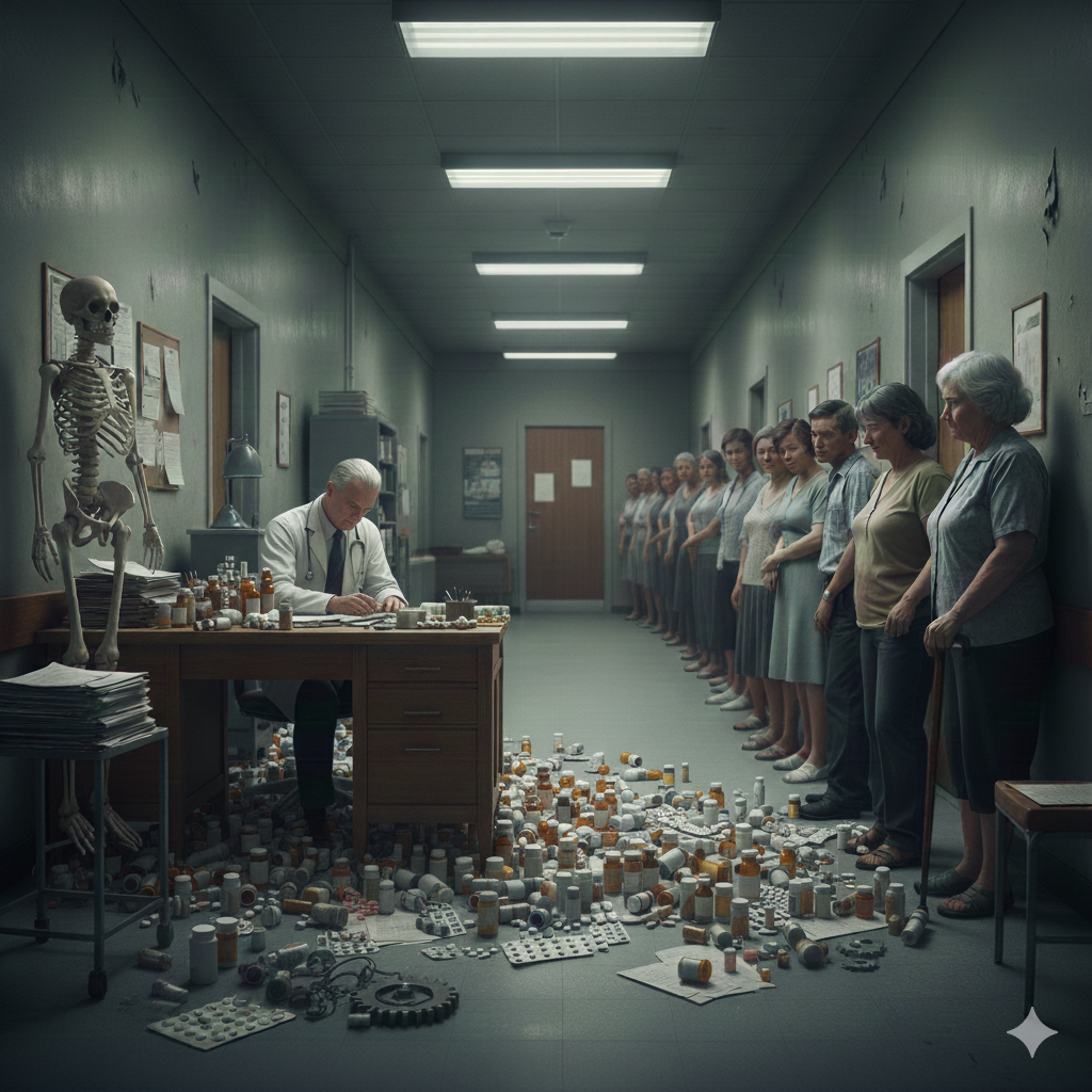 A powerful illustration of epistemic injustice in medicine. While chronic pain is complex and subjective, the system is designed exclusively for objective disease, leaving patients feeling disbelieved and invalidated. The doctor, constrained by the system, is limited to offering simple pharmaceutical solutions, reflecting the perverse incentives that prioritize quick, billable treatments over holistic, long-term care.